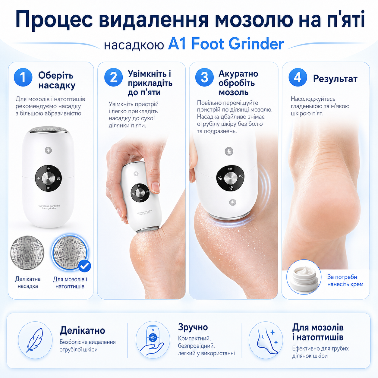 Процес видалення мозолю на п'яті насадкою A1 Foot Grinder