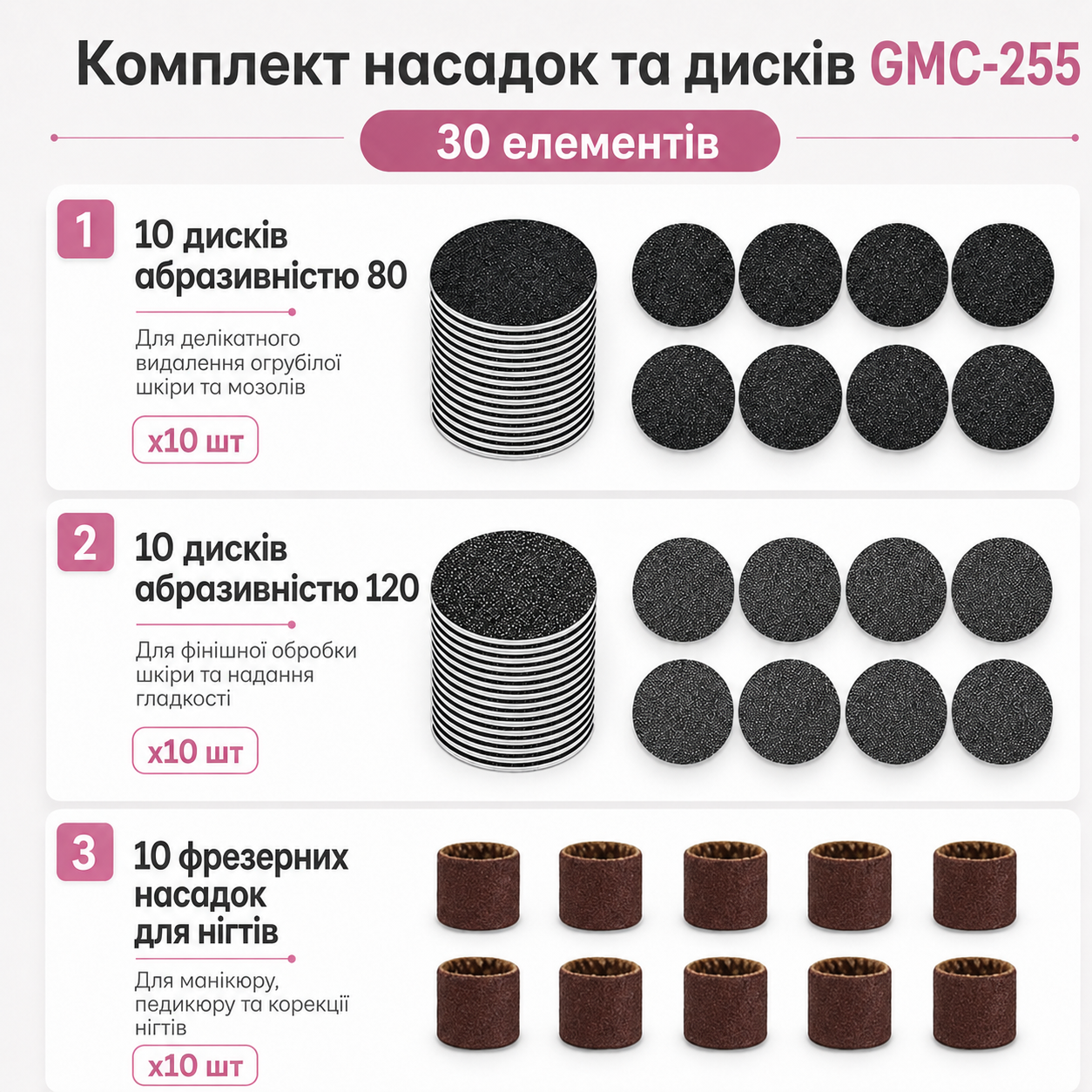 Комплект насадок и дисков GMC-255 - 30 элементов