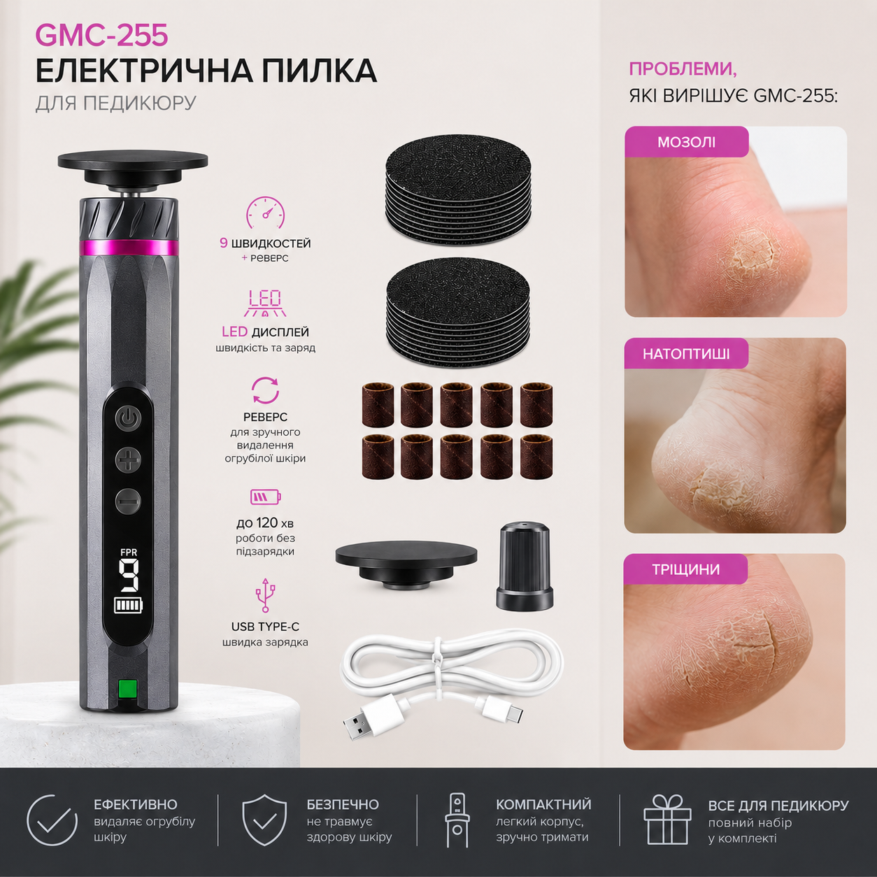 Проблемы которые решает GMC-255: мозоли, натоптыши, трещины